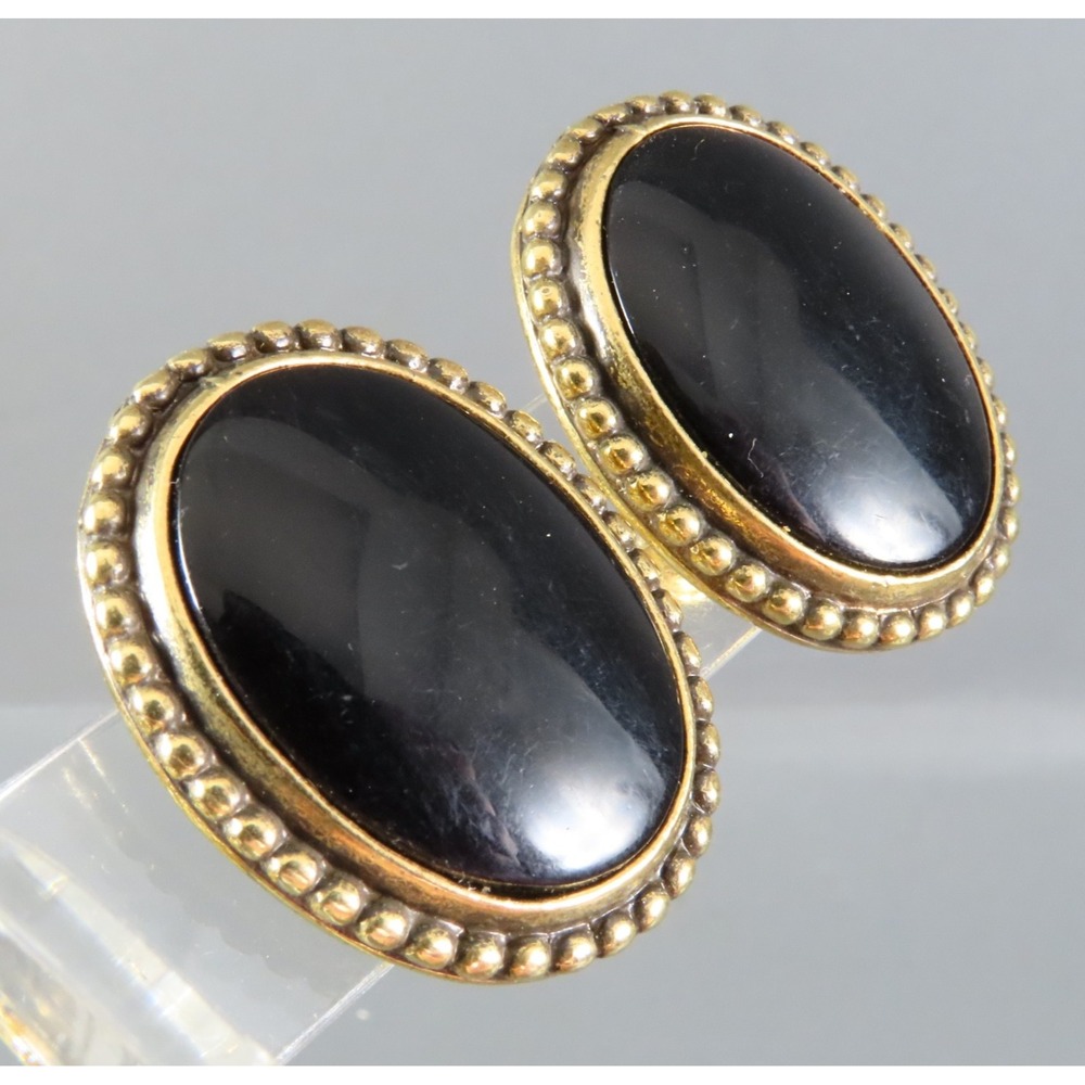 Vintage NAPIER CLIP-ON EARRINGS Black Oval Center BEADED FRAME Antique Gold Tone